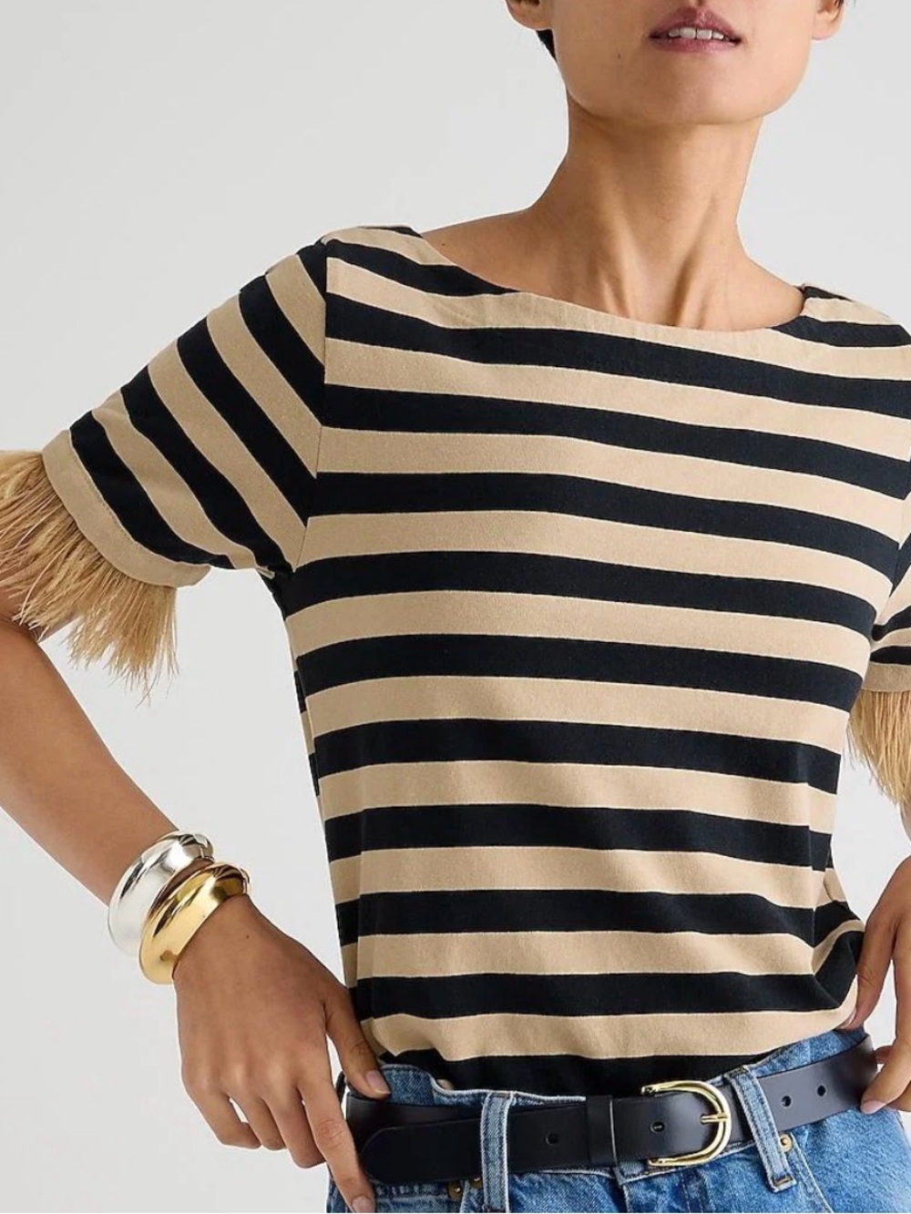 J.Crew Mariner jersey cropped striped boatneck t-shirt feather trim size M
